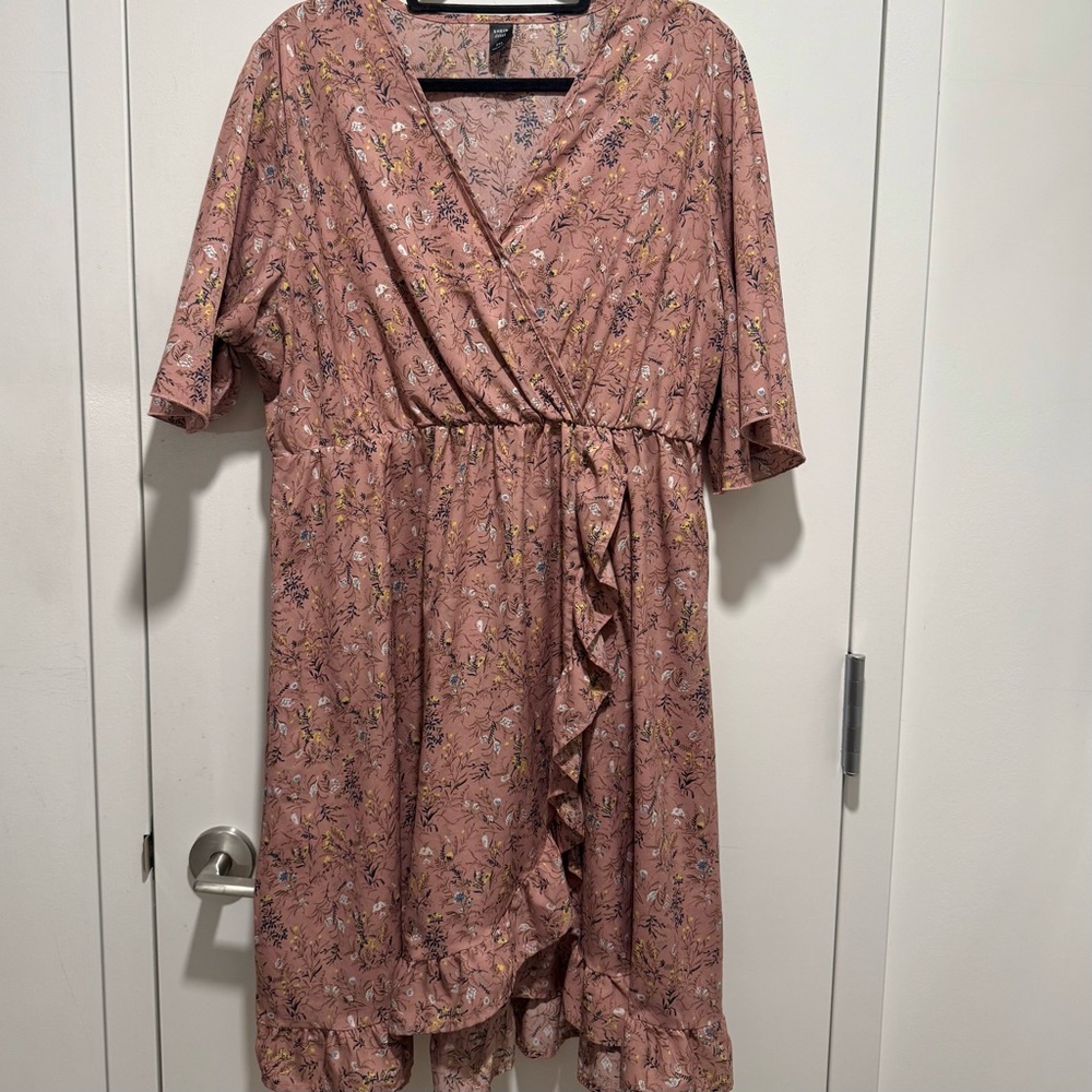 Plus Floral Print Overlap Collar Flutter Sleeve Ruffle Trim Dress Pink 2XL